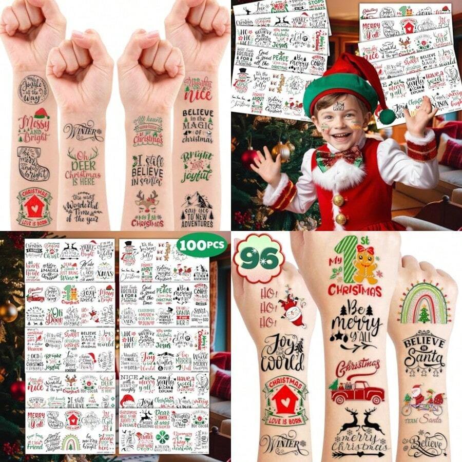 100PCS Cute Temporary Tattoos - Christmas Bl Saying Inspired Holiday Letter Greeting Stickers For Adults And, , Makeup, Nail Supplies, Christmas, Nails, Stocking Stuffers, Christmas Gifts, Room Decor, Christmas Decorations, Christmas Decor - 紅綠黑 - 查看 1
