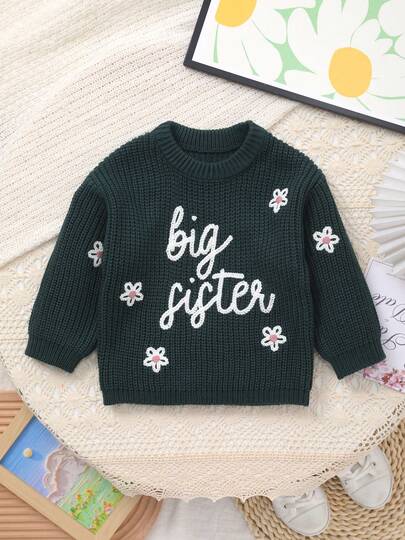 Infant Girls' Knitted Sweater With Delicate "Big Sister" Embroidery And White Flower Pattern, Soft And Warm