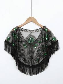 1920s Vintage Sequin Embroidered Tassel Shawl, Elegant Retro Polyester Breathable Mesh Short Cape, Women's Fashion Party Evening Dress Accessory - Multicolor - View 17