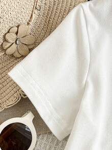 2件套 女童情人节可爱樱桃字母印花短袖圆领上衣+假口袋休闲工装裤套装，夏季