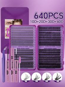 640 Clusters Lashes D Curl Individual Eyelashes Kit, Diy At Home Fake Lashes Set, Beginner Friendly, Lashes+Tweezers+Mascara Wands+Eyes Glue, Diy At Home, Easy To Use, Long Lasting False Lashes Extensions, Soft And Natural Look&Fluffy Thick Mixed Style High Capacity False Eyelashes With Bond And Seal, Tweezers, Brush, Suit For Makeup Starter, Diy Eyes Makeup Beauty - Multicolor - View 9
