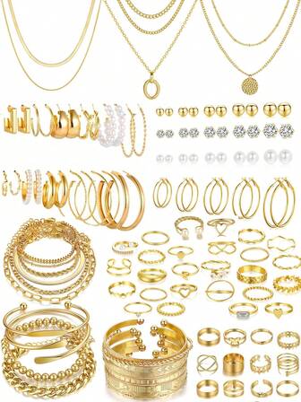 88/56/24件套简约时尚复古硬币造型金属几何仿珍珠吊坠项链套装、仿珍珠水钻耳环套装、蝴蝶心形叠戴戒指套装、金属几何手链套装，女士首饰套装，适合节日、约会、日常、派对、婚礼、圣诞节、情人节等场合佩戴。