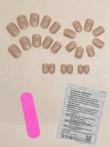 用这款24片装短方形按压式假指甲提升您的时尚品味！复古秋冬高端棕色纯色按压式假指甲，全覆盖式假指甲套装，适合女性和女孩。套装包含1张粘合贴片、1个迷你指甲锉、条状果冻凝胶。美甲用品随机发货。 - 摩卡棕 - 查看 3
