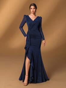 Faeriesty Elegante vestido de novia de cola de sirena con cuello en V, manga larga y volantes para la madre de la novia, para bodas, galas, bailes de graduación, cenas de etiqueta y eventos formales, color negro - Azul Marino - Ver 6