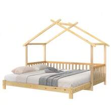 Extendable Cabin Bed, House Bed, Children's Bed, Daybed, Single And Double Bed, Pure Solid Wood, Natural (200x90cm & 200x180cm) - Natural Color - View 1