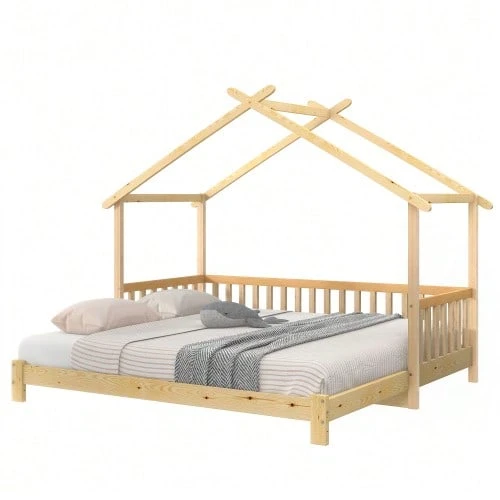 Extendable Cabin Bed, House Bed, Children's Bed, Daybed, Single And Double Bed, Pure Solid Wood, Natural (200x90cm & 200x180cm) - Natural Color - View 1