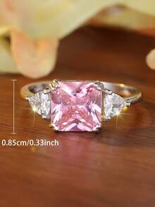 1 Peça Anel de Prata Esterlina 925 com Zircônia Cúbica Rosa Quadrada Luxuoso e Atraente, Presente de Moda, Festa/Aniversário/Noivado/Casamento/Aniversário/Dia dos Namorados para Mulheres - Rosa chiclete - Visão 5