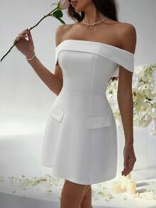Women's Clothing Temperament Elegant Style Waist Cinched One Shoulder Solid Color Knitted Mini Dress Wedding Banquet Women's Sexy White Evening Dress Chic Wedding White Dresses - White - View 6