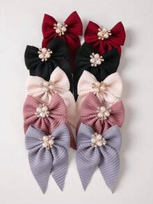 10pcs Girls Pearl Rhinestone Fabric Bow Hair Clips, Minimalist Side Bangs Clips, Alligator Hair Clips, Back To School Hair Accessories, Suitable For Daily Use - Multicolor - View 3