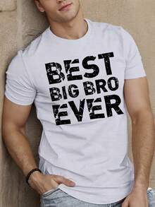 Camiseta temática de "El mejor hermano mayor de los hombres" - Impresión de letras en blanco y negro, cuello redondo casual, manga corta, top de verano, lavable a máquina, hermano, atuendo casual (ropa de hermano mayor) - Blanco - Ver 2