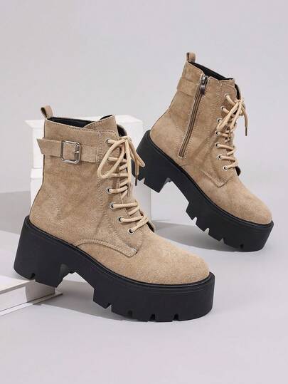 Nuevas botas de mujer con cordones para otoño/invierno, botas de tobillo de gamuza con suela gruesa, versátiles y de moda, suelas gruesas y plataforma para aumentar la altura, aptas para uso diario, exterior, motociclismo, todo el año