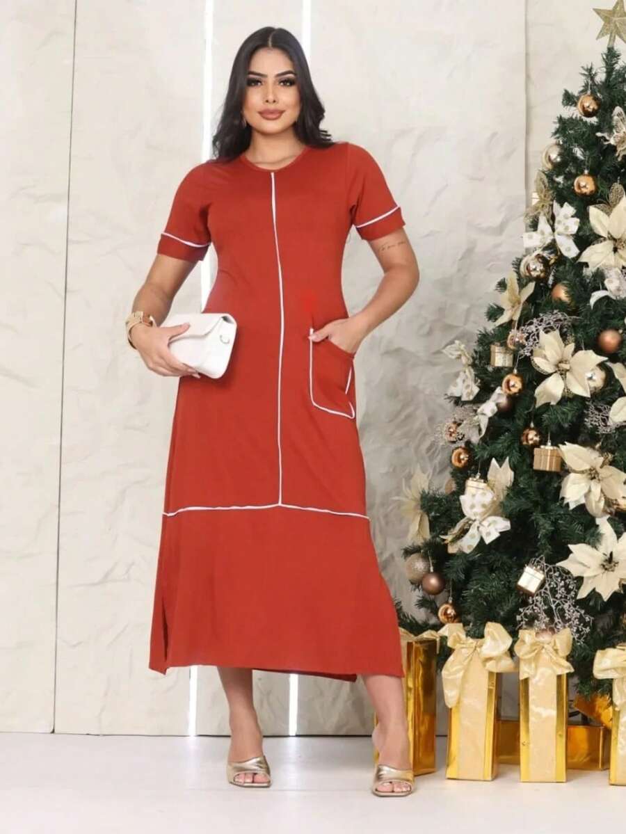 Casual Midi Dress In Magnetized Viscose Knit With Piping Details. - 赤土陶 - 查看 1