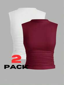 2-Piece Set Of Women's Sleeveless Pleated Tank Tops - Trắng và Đỏ - Xem 1