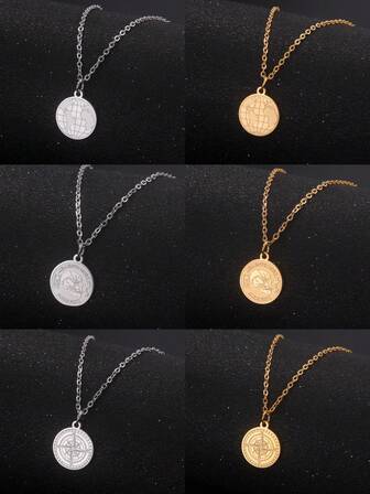 1件不锈钢圆形骷髅头指南针地球仪吊坠项链，男女皆宜，个性化高级珠宝，嘻哈极简风格