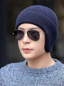 1PC Men's Winter Thick Knit Earflap Beanie Hat, Outdoor Cold-Proof Warm Headwear, Suitable For Autumn/Winter - Solid Color - View 5