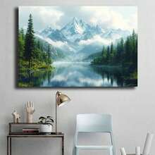 [2D Flat Canvas Wall Art] Funny Canvas Wall Art, 1Pc Framed Ready To Hang 2D Flat Blue Mountain Landscape Canvas Wall Art, Realistic Nature Decorative Painting, Posters For Living Room Bedroom Office, Tranquil Home Decor Aesthetic, Perfect For Nature Enthusiasts & Calming Interiors, Adds A  Touch To Any Space  Canvas Wrapped Inner Frame - 霧霾藍 - 查看 4