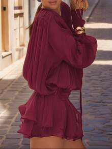 千禧风系带荷叶领双层荷叶边灯笼袖衬衫裙，无腰带，性感优雅，适合圣诞节、婚礼、正式场合、新年、情人节、鸡尾酒会、秋季等各种场合。