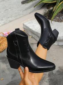 Women's Western Style Ankle Boots, Outdoor Leather V-Cut Chunky Heel Retro Slip-On Booties, Black - Black - View 7