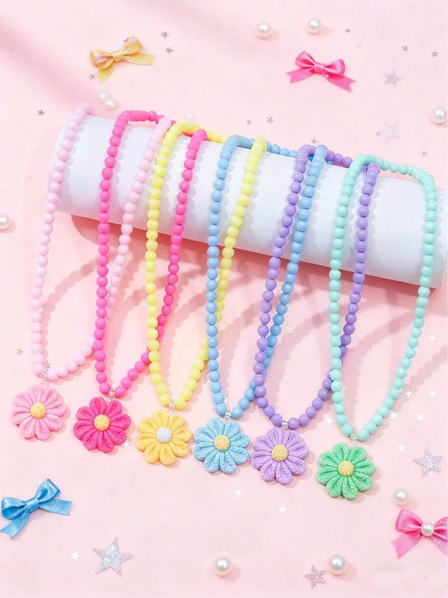 1件套女孩可爱花朵串珠吊坠项链首饰套装，适合节日派对生日礼物 - 彩色 - 查看 1