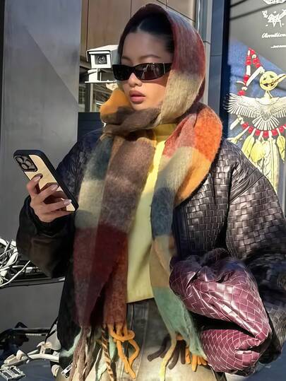 1pc Women's Classic Plaid Faux Cashmere Scarf, Chic Autumn/Fall, Thick & Warm Winter Grace, Suitable For Daily Outdoor, Snowy Days, Hiking, Dates And Gatherings In Winter