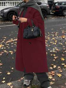 Women's Long Sleeve Solid Color Pocket Trench Coat, Double-Breasted Coat, Country Style For Women, Fall Winter For Women, Halloween Costumes, Christmas Women's , Saudi National Day, Going Out - Burgundy - View 8