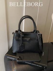 BELLEBORG Túi xách vuông nhỏ bằng da canvas cổ điển, màu sắc tương phản, thanh lịch, tiện dụng, đa năng cho nữ - màu đen - Xem 2