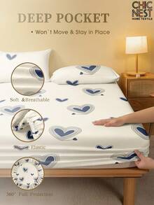 1件装简约米色心形图案床笠，床垫保护套，情人节心形床垫罩，柔软透气，适用于单人床、双人床、大号床、特大号床，深口袋设计，最大可达11.8英寸 - 杏色 - 查看 5