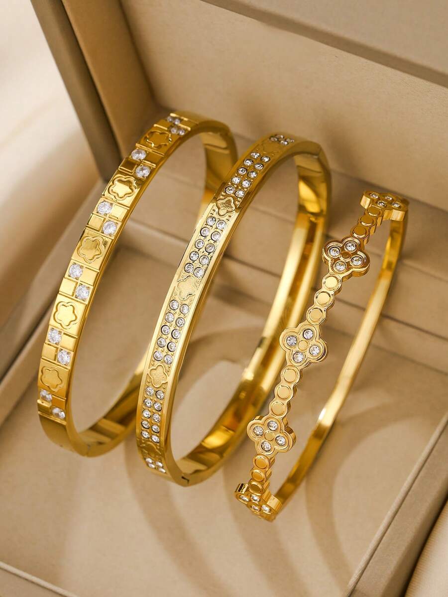 3pcs/Set Stainless Steel Women Bracelet, 18K Plated, Clover & Pentagram Design, Vintage, Versatile, Suitable For Daily Wear, Gifts, Parties, Festivals, Beach Vacation - Gold - View 1