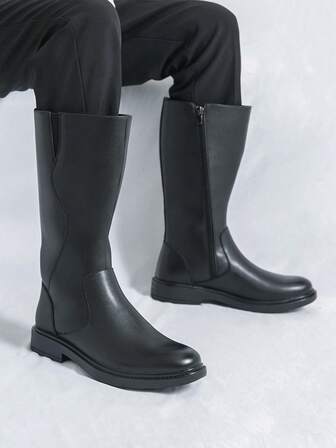 Black Glossy High-Top Chelsea Boots With Side Zipper, Elegant Work Style, Suitable For Light Business Occasions, Checkins And Niche Social Events, Personalized Boots With Derby Boot Sophistication