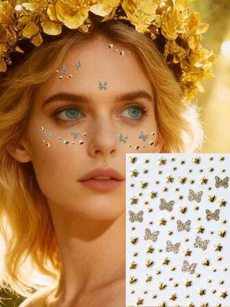 สติกเกอร์อัญมณีสามมิติกลิตเตอร์รูปผีเสื้อสีทองสำหรับแต่งหน้า ปาร์ตี้วันหยุด สไตล์ Y2K เทศกาลดนตรี DIY ดวงตา ใบหน้า เหมาะสำหรับ การแสดงเต้นรำ ปาร์ตี้ คอสเพลย์บนเวที งานแต่งงาน รอยสักปลอม