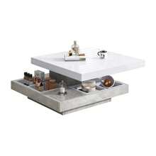 High-Gloss Tabletop, Functional Coffee Table, Living Room Table, 360° Rotatable, 2-Tier Rotating Tabletop With Storage Compartment, White Living Room Tabletop, Black Base 70*70*36 Cm - Marble, White - View 4