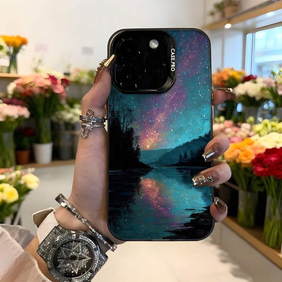 Cubierta de teléfono con diseño de galaxia estrellada azul y rosa para iPhone 14 Pro Max  protector con impresión de cielo nocturno y reflejo en agua ideal para uso diario y ocasiones especiales Aplicable a los teléfonos de la serie Apple y Galaxy - Blanco - Ver 1
