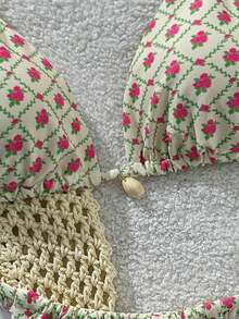 New Beach Pool Party Vacation Fashionable Sexy Checkered Flower Printed Shell Pendant Tether Neck Hanging Bikini Split Swimsuit For Women - White - View 8