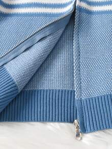 Young BoyCollegiate Style Contrast Striped Zip-Up Cardigan Sweater, Suitable For School In Spring, Autumn And Winter - Blue - View 5