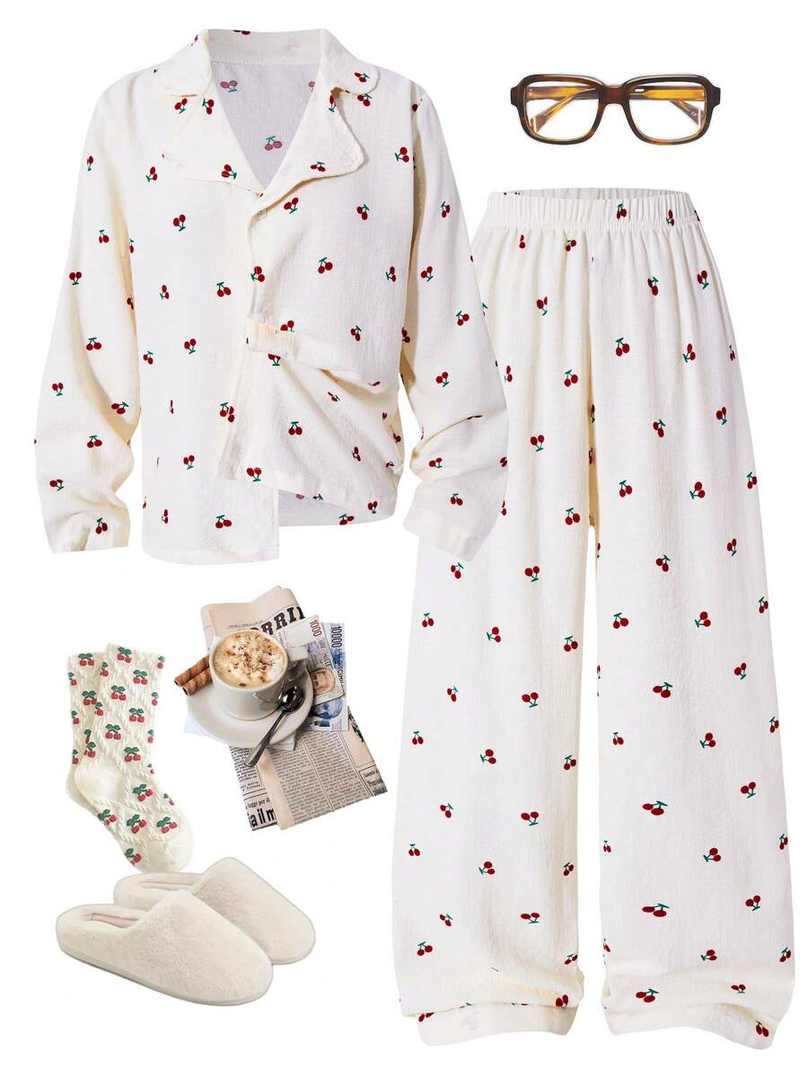 Tween Girl 两件套可爱泡泡褶樱桃印花长袖长裤睡衣，舒适的面料和领口设计，非常适合春秋季睡衣派对和轻松的夜晚