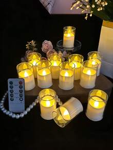 12-Pack Of Clear Acrylic Flickering Flameless Candles With Remote Control, 1.5 Inch X 2.3 Inch Cup-Shaped Candles, Battery Powered, Small LED Electronic Candles, Suitable For Room Decor And Indoor/Outdoor Christmas Decorations. - 暖白光 - 查看 2
