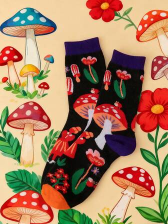 1 Pair Women's Crew Socks With Cute Colorful Flower & Mushroom Pattern, Casual Versatile Fashion Long Socks