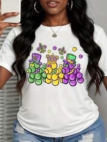 Mardi Gras Party T Shirt Festive King Cake Design Purple Green Gold Colors Fleur De Lis Hat Crown Graphic Tee For Women Men Unisex Casual Wear - 白色 - 查看 2