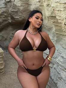 Swim SXY 大码女士露背分叉亮片纯色螺旋装饰两件套性感比基尼套装，适合夏季海滩度假 - 咖啡棕 - 查看 3