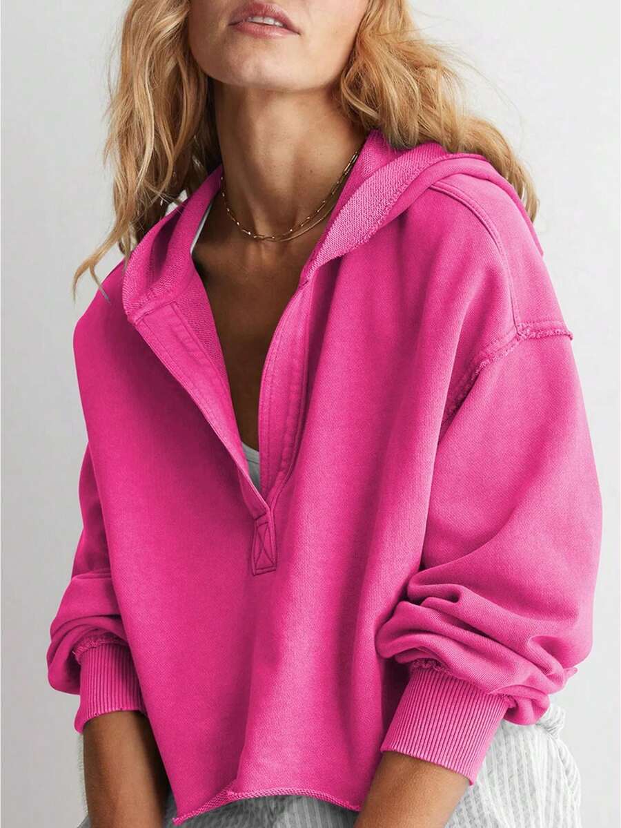 Womens Spring Autumn Cropped Sweatshirt Loose V Neck Hoodies Casual Long Sleeve Workout Hooded Sweatshirt Tops Daily Life Working Workout Jogging Running - Màu Hồng Tươi - Xem 1