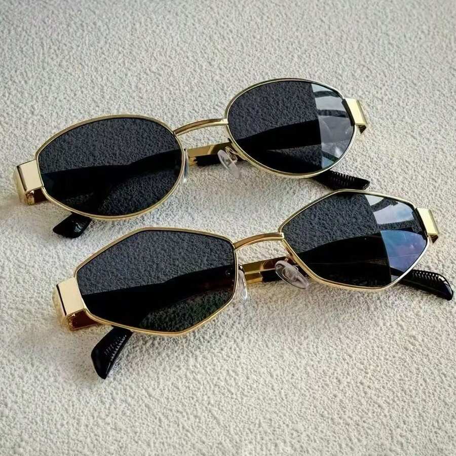 Set Of 2 Vintage Oval Sunglasses With UV400 Protection, Metal Frame For Women And Men - Vàng - Xem 1