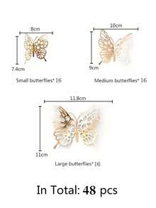 1 Set (12 Pcs) 3D Hollow Butterfly Stickers, Holographic Reflective Butterfly Decals, 3D Butterfly Decorations, Wall Decor Stickers, Realistic Props Iridescent Blue Butterfly, Fridge Magnets, Cake Decorations - Champagne - View 6