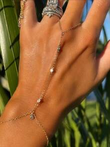 精致金色手链戒指，简约立方氧化锆指环手链饰品，可调节水晶手链，女士款 - 幾何 - 查看 1