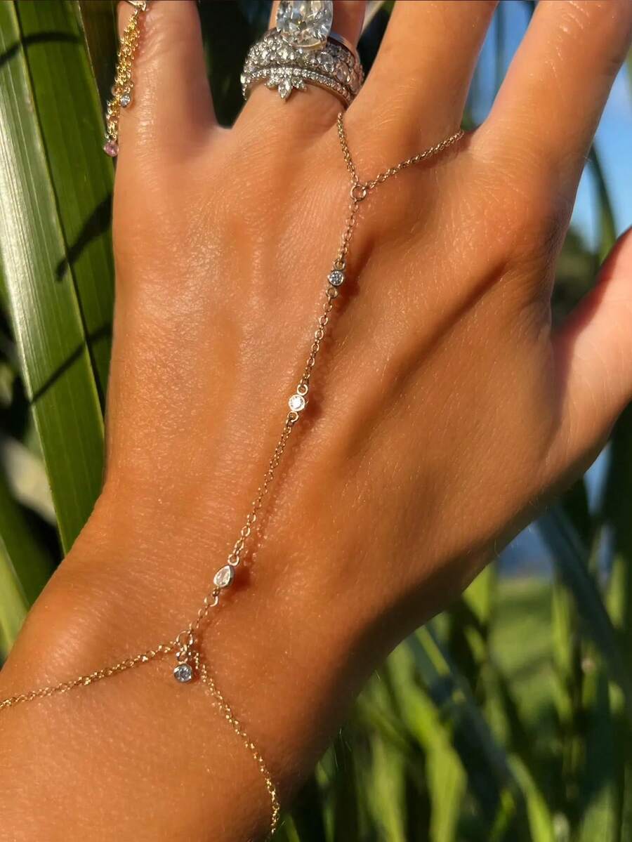 精致金色手链戒指，简约立方氧化锆指环手链饰品，可调节水晶手链，女士款 - 幾何 - 查看 1