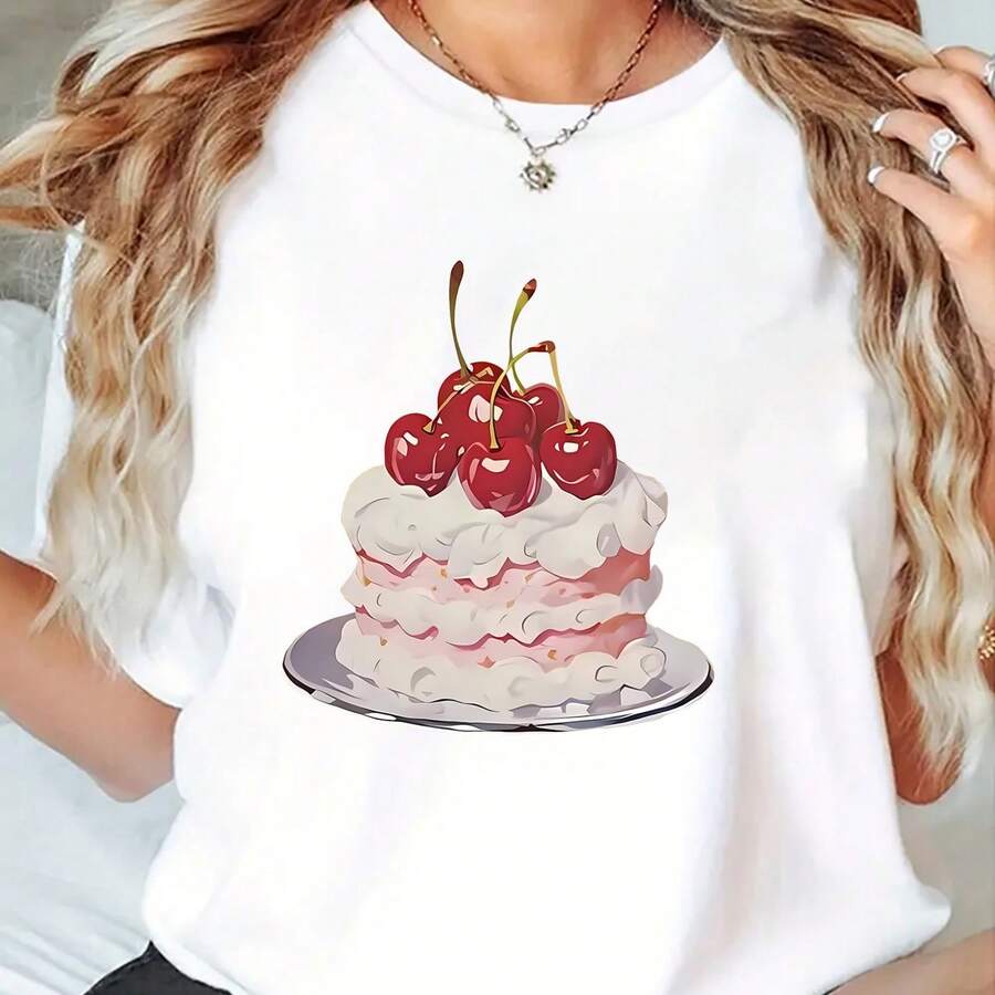 Camiseta de manga corta con cuello redondo y estampado de tarta de cerezas, estilo casual deportivo, ideal para el verano.jpg220g WoM-en's 100% Cotton T-Shirt - Feminine and Comfortable FiT-Suitable for all people, whether woM-en or M-enhigh-quality durable fabric suitable for all seans,ft to the touch but built to lastBreathabletops woM.en fall outfiT.S for woM.en vaC.Ation outfiT.S woM.en halloween costume - Blanco - Ver 1