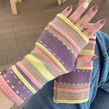 1 Pair Of Women's Half-Finger Gloves - Colorful Striped Design, Elastic And Warm Winter Gloves, Suitable Outdoor Activities, Finger Visible, Fashionable Cold Weather Accessories, Soft Texture - 黃色 - 查看 12