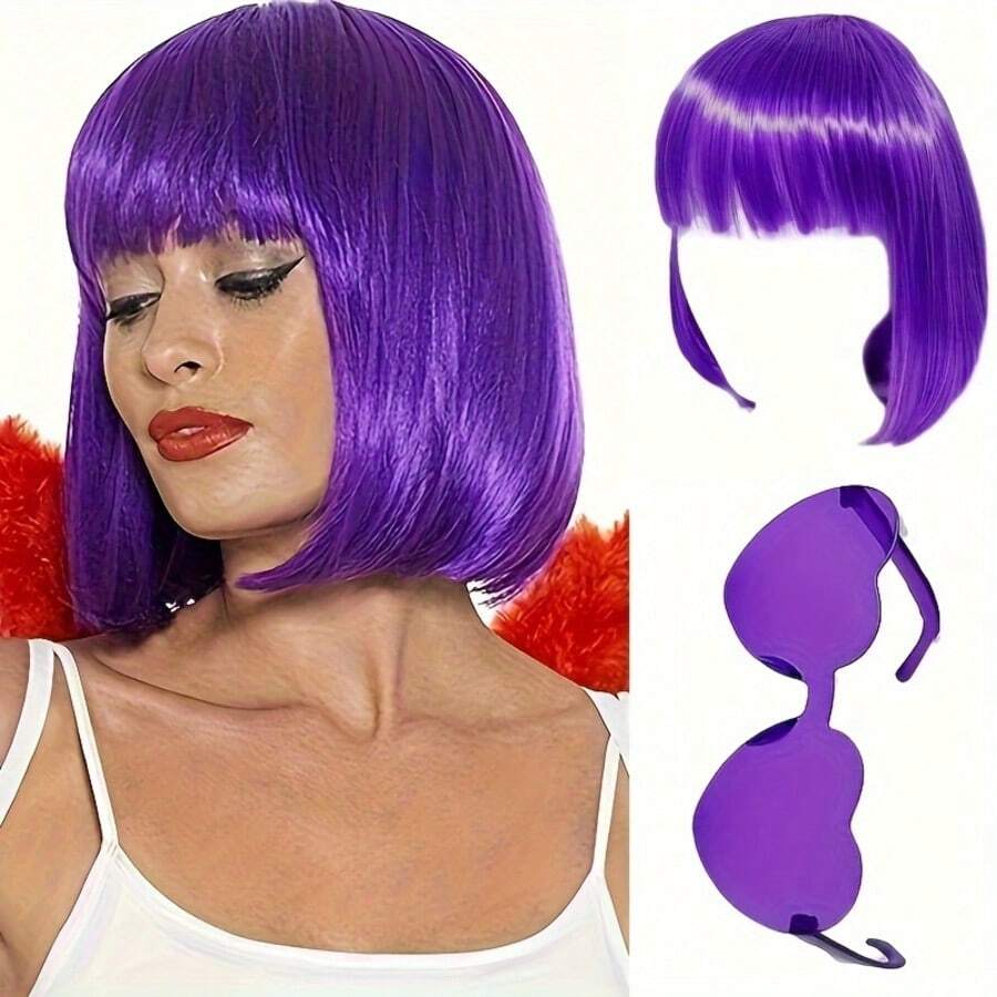 Purple Qi Liu Hai Bobo Head Wig Short Hair BOB Head Color Anime Halloween Wig Anime Party Dress Up Wig Christmas Halloween Party Wig - Multicolor - View 1