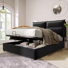Hydraulic Double Bed With Upholstery, 140x200cm, Adjustable Headboard, Metal Slatted Base, Velvet, Modern Bed Frame With Storage Space, Large Storage Area, Grey (Mattress Not Included) - Black - View 4