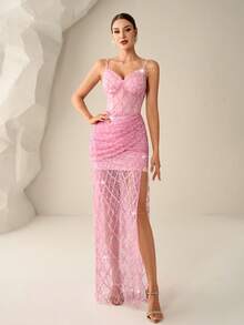 Đầm dạ hội Astony One màu hồng đính sequin thanh lịch, đầm maxi cúp ngực xẻ tà gợi cảm bằng vải lưới xuyên thấu, hoàn hảo cho tiệc năm mới, ngày Valentine, lễ hội hóa trang, lễ hội âm nhạc, tiệc đính hôn, thảm đỏ, lễ tốt nghiệp, tiệc chào mừng và các sự kiện cocktail. - Hồng - Xem 2