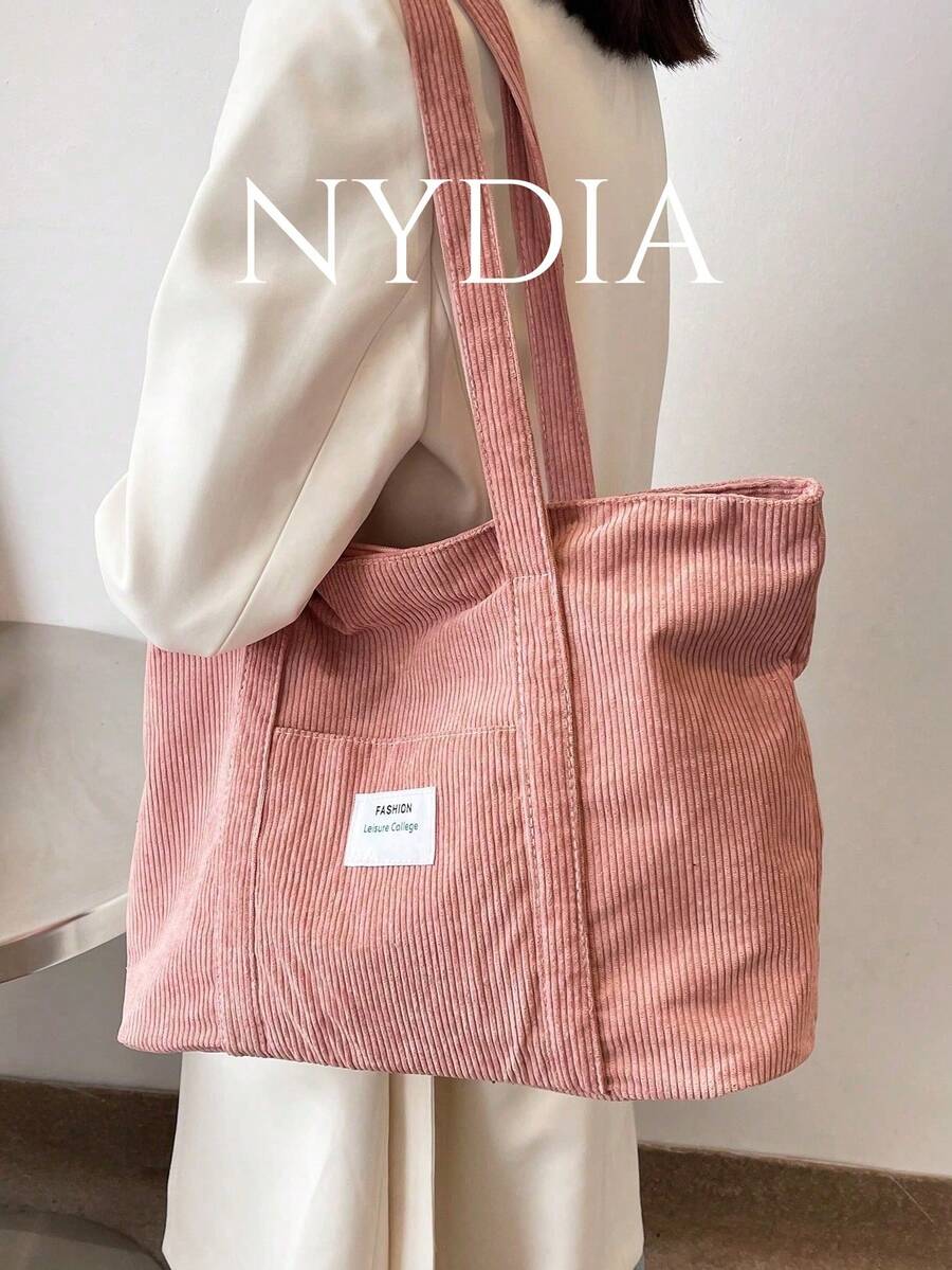 Large Capacity Solid Color Simple Corduroy Tote Bag, Tote Bags For Students, Multiple Compartments, Perfect For Beach, School, Work & Daily Use, Literary School Bag For Teens, Book Bag For Women Or Students, Perfect For Books, Shopping, Back To School And More, Perfectly Matching With Fall Outfits Women - Pink - View 1